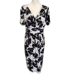 Evan Picone dress white with black flowers v-neck ruched waist - 10